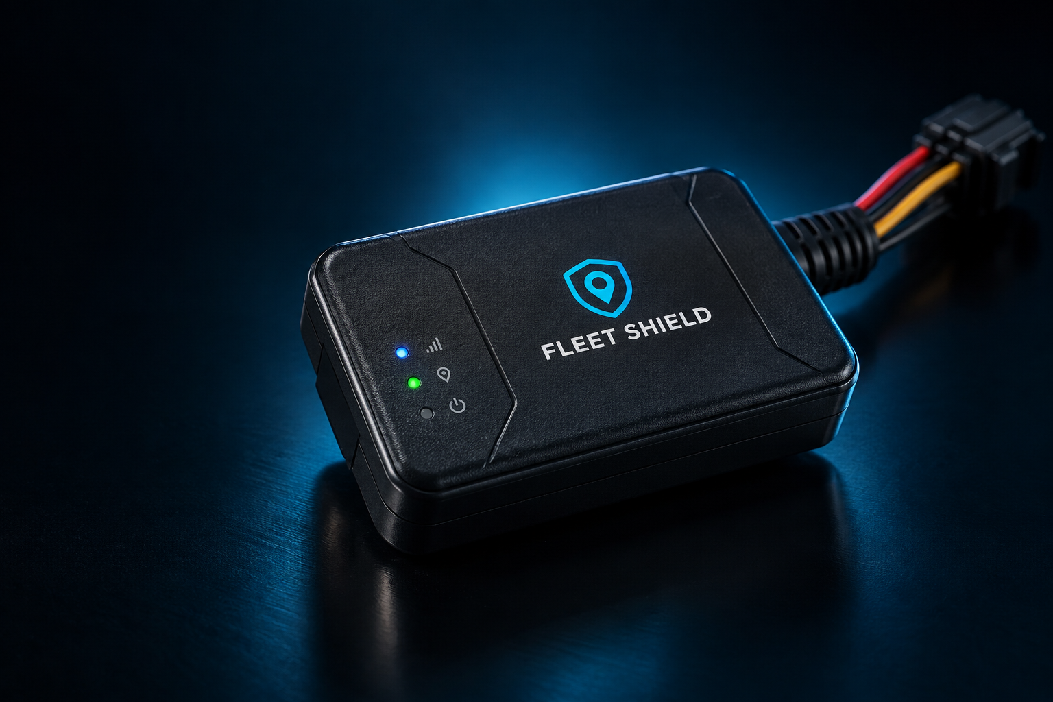 Conceito visual de rastreador veicular com a marca Fleet Shield